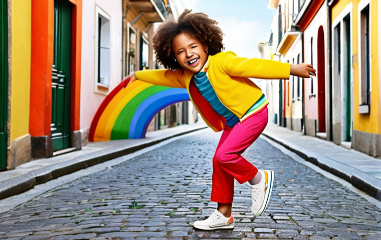 **Image Prompt 1 (Benetton Kids):**
    A vibrant, joyful scene featuring a child (aged 5-7) actively playing outdoors in a sunny setting. The child is dressed head-to-toe in Benetton Kids clothing, showcasing a lively palette of bright, diverse colors like a rainbow. The fabric appears soft and durable, allowing for unrestricted movement, jumps, and runs, embodying comfort and everyday practicality. The image should convey happiness, cheerfulness, and a modern, carefree style, with colors that seem to retain their freshness even after many washes.