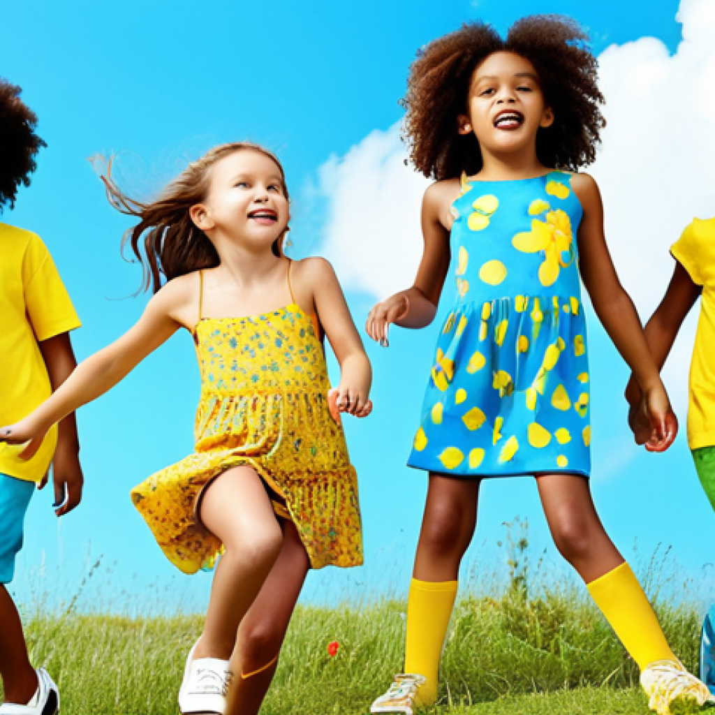**

"Children's fashion advertisement featuring bright yellow, sky blue, and green Benetton Kids clothing. Children are actively playing and moving freely, showcasing comfortable and practical outfits. Focus on the quality and durability of the clothing in a vibrant outdoor setting."

**
