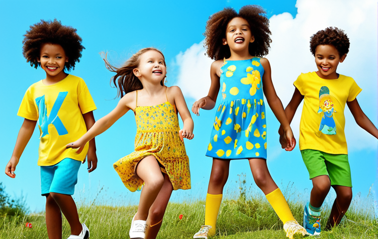 **

"Children's fashion advertisement featuring bright yellow, sky blue, and green Benetton Kids clothing. Children are actively playing and moving freely, showcasing comfortable and practical outfits. Focus on the quality and durability of the clothing in a vibrant outdoor setting."

**