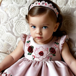 **

A baby girl wearing a "Tartine et Chocolat" dress, embroidered with roses, looking like a little princess, ideal for special occasions. The focus is on the elegance and high quality of the garment.

**
