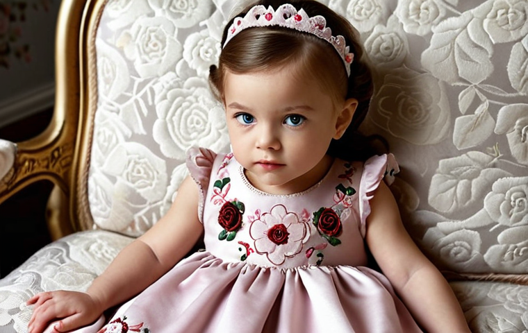 **

A baby girl wearing a "Tartine et Chocolat" dress, embroidered with roses, looking like a little princess, ideal for special occasions. The focus is on the elegance and high quality of the garment.

**