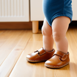 A joyful toddler, fully clothed in comfortable, appropriate attire, taking their very first steps on a warm wooden floor in a brightly lit, clean home environment. Their small feet are encased in soft, light brown, high-quality natural leather shoes, designed for flexibility and healthy foot development. The shoes appear supple and supportive, showcasing detailed stitching. The child's natural pose and perfect anatomy are captured with correct proportions and well-formed hands reaching out. Soft, natural lighting highlights the scene. Professional photography, high resolution, safe for work, appropriate content, modest clothing, family-friendly.
