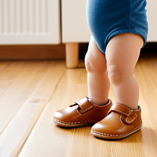 Home 25 A joyful toddler, fully clothed in comfortable, appropriate attire, taking their very first steps on a warm wooden floor in a brightly lit, clean home environment. Their small feet are encased in soft, light brown, high-quality natural leather shoes, designed for flexibility and healthy foot development. The shoes appear supple and supportive, showcasing detailed stitching. The child's natural pose and perfect anatomy are captured with correct proportions and well-formed hands reaching out. Soft, natural lighting highlights the scene. Professional photography, high resolution, safe for work, appropriate content, modest clothing, family-friendly.