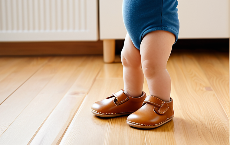 A joyful toddler, fully clothed in comfortable, appropriate attire, taking their very first steps on a warm wooden floor in a brightly lit, clean home environment. Their small feet are encased in soft, light brown, high-quality natural leather shoes, designed for flexibility and healthy foot development. The shoes appear supple and supportive, showcasing detailed stitching. The child's natural pose and perfect anatomy are captured with correct proportions and well-formed hands reaching out. Soft, natural lighting highlights the scene. Professional photography, high resolution, safe for work, appropriate content, modest clothing, family-friendly.