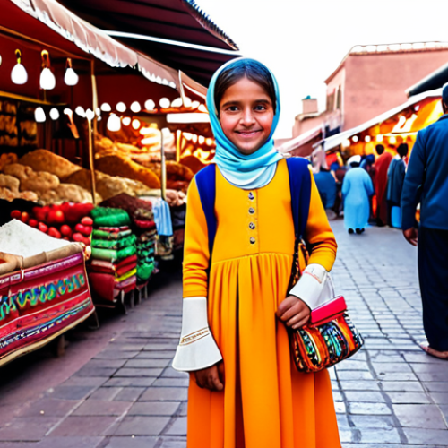 Home 24 **
A young girl, age 6, wearing a modest, colorful dress, standing in a vibrant marketplace in Marrakech. She is wearing a small crossbody bag shaped like a cartoon camel, fully clothed, appropriate attire, safe for work, perfect anatomy, natural proportions, professional photography, high quality. The bag is brightly colored. The background includes market stalls with textiles and spices. Focus on a friendly, family-friendly scene.
**