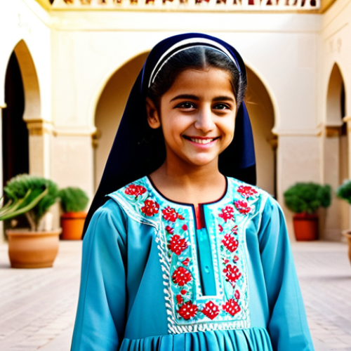 Home 23 **
"A young Arab girl, smiling warmly, wearing a bright, fully clothed traditional dress with intricate embroidery, modest clothing, standing in a sunlit courtyard of a historic home in Riyadh, Saudi Arabia, surrounded by potted plants, safe for work, appropriate content, perfect anatomy, natural pose, professional photography, high quality, family-friendly."
**