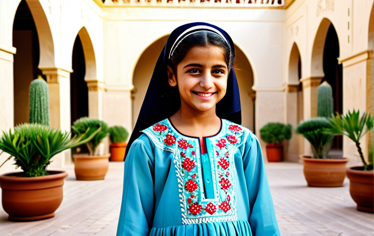 **

"A young Arab girl, smiling warmly, wearing a bright, fully clothed traditional dress with intricate embroidery, modest clothing, standing in a sunlit courtyard of a historic home in Riyadh, Saudi Arabia, surrounded by potted plants, safe for work, appropriate content, perfect anatomy, natural pose, professional photography, high quality, family-friendly."

**