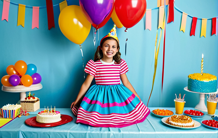 **

"A young girl in a modest, brightly colored dress, celebrating her birthday at a cheerful party. Balloons and decorations surround her. Fully clothed, appropriate attire, safe for work, perfect anatomy, natural proportions, family-friendly."

**