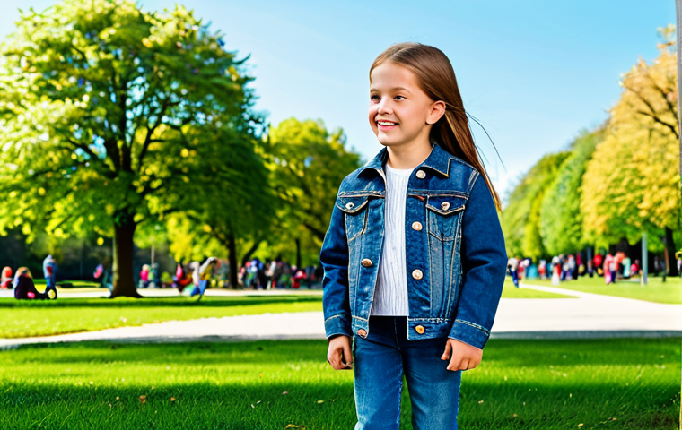 **

"A young girl, fully clothed in a modest denim jacket and jeans, playing in a park with other children, appropriate attire, safe for work, perfect anatomy, natural proportions, family-friendly, professional photography, bright sunny day, clear sky."

**