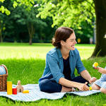 리틀그라운드의 친환경 제품 - **Image Prompt:** A happy family is enjoying a picnic in a lush green park, fully clothed in Little ...