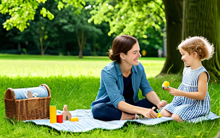 리틀그라운드의 친환경 제품 - **Image Prompt:** A happy family is enjoying a picnic in a lush green park, fully clothed in Little ...